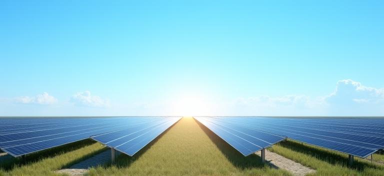 A field of solar panels under clear skies, symbolizing clean energy