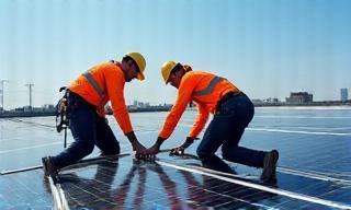 Technicians installing solar panels on a commercial rooftop